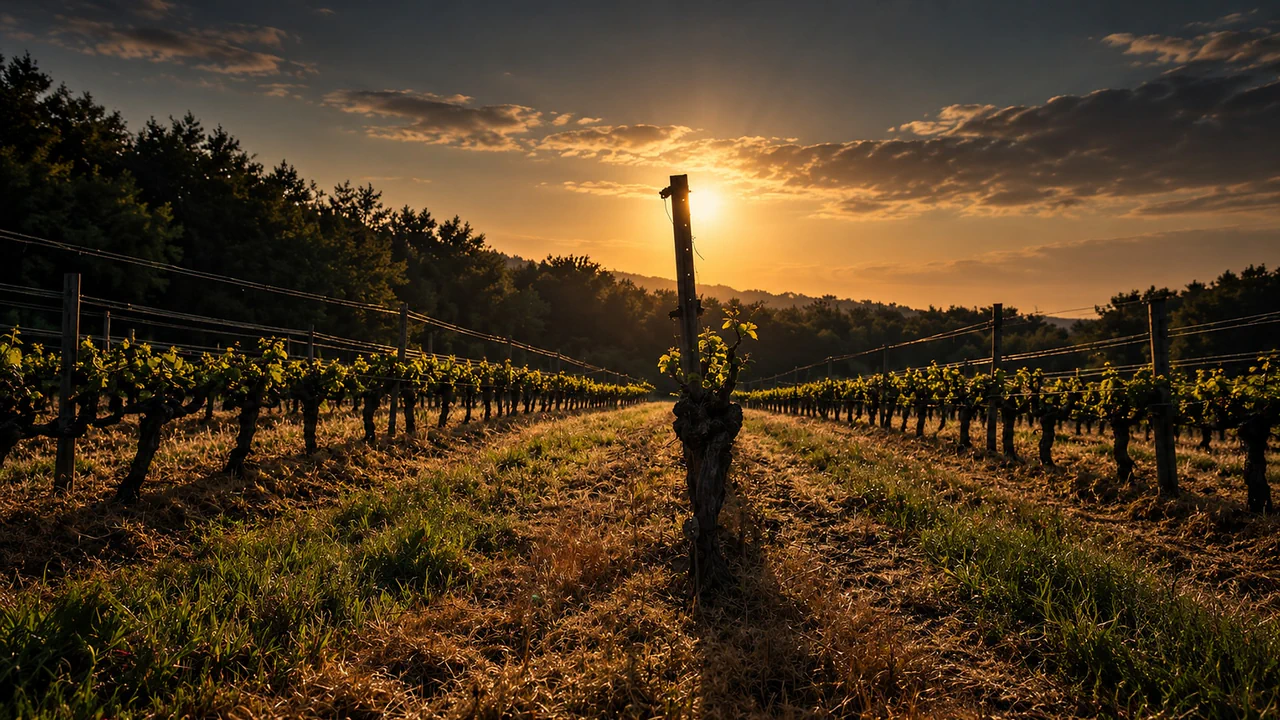 Viñedo de Adegas Daniel Fernández al atardecer en Verín