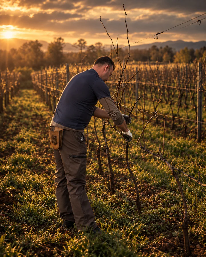 Trabajador cuidando las cepas en el viñedo de Bodegas Daniel Fernández