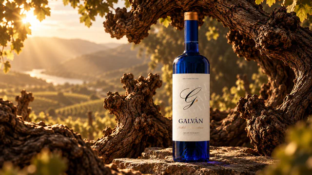 Botella Galván entre cepas viejas al atardecer