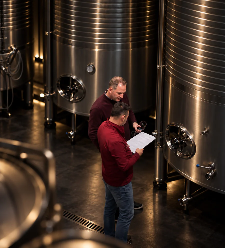 Pablo Estévez revisando una elaboración junto a un miembro del equipo entre los depósitos de la bodega