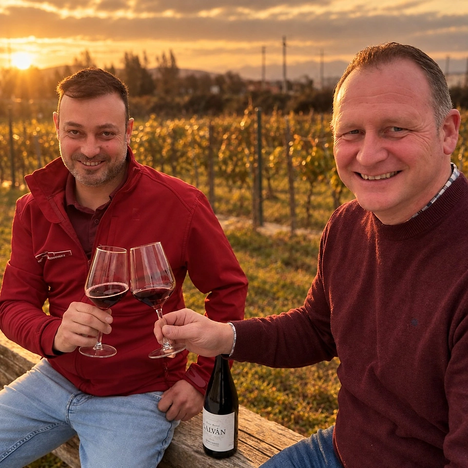 Pablo Estévez en el viñedo junto a un miembro del equipo de la bodega