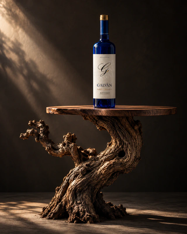 Botella de Galván Godello sobre una cepa antigua